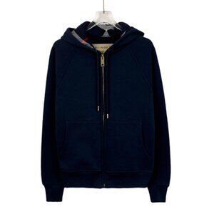Burberry Deep Blue Cotton Hooded Zip-Up Sweatshirt With Drawstring & Pockets Siz